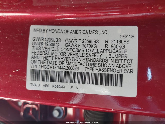 Honda ACCORD LX 2018 1HGCV1F14JA200686 Image 9