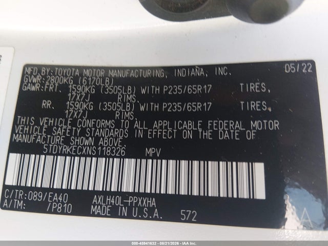 Aukcja sprzedaży 2022 Toyota Sienna Xle, vin: 5TDYRKECXNS118326, numer aukcji: 45941632