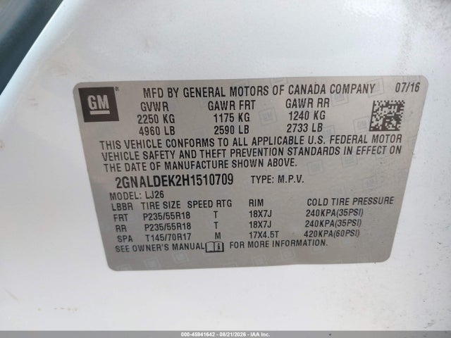 2017 Chevrolet Equinox Premier მანქანა იყიდება აუქციონზე, vin: 2GNALDEK2H1510709, აუქციონის ნომერი: 45941642