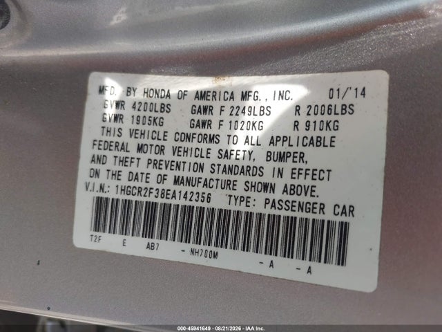 Aukcja sprzedaży 2014 Honda Accord Lx, vin: 1HGCR2F38EA142356, numer aukcji: 45941649