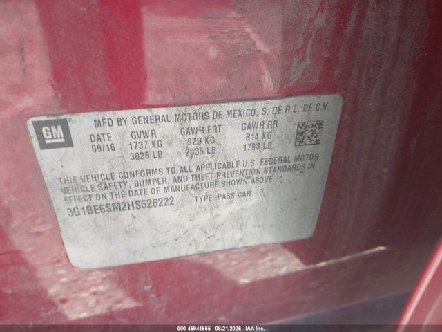 45941665 :رقم المزاد ، 3G1BE6SM2HS526222 vin ، 2017 Chevrolet Cruze Lt Auto مزاد بيع