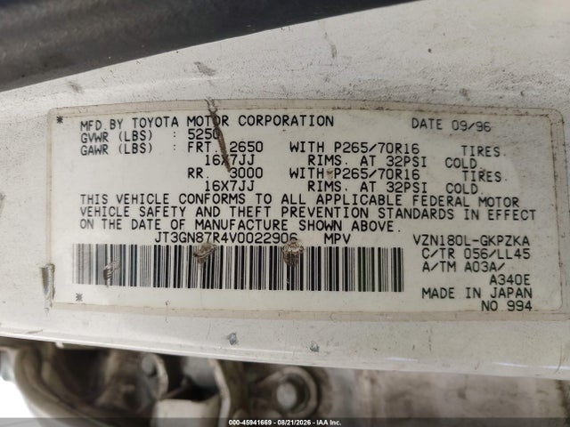 45941669 :رقم المزاد ، JT3GN87R4V0022906 vin ، 1997 Toyota 4runner Sr5 V6 Limited مزاد بيع