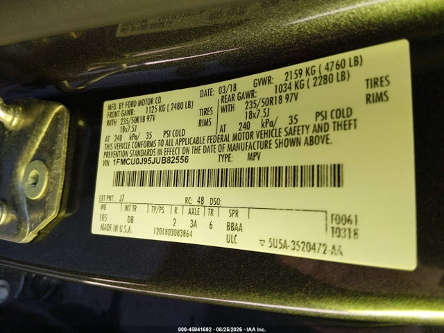 Продажа на аукционе авто 2018 Ford Escape Titanium, vin: 1FMCU0J95JUB82556, номер лота: 45941692