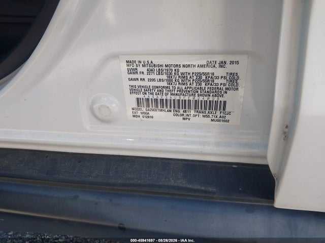 2015 Mitsubishi Outlander Sport Es მანქანა იყიდება აუქციონზე, vin: 4A4AP3AU8FE024098, აუქციონის ნომერი: 45941697