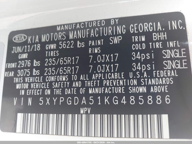 Продажа на аукционе авто 2019 Kia Sorento 3.3l Lx, vin: 5XYPGDA51KG485886, номер лота: 45941705