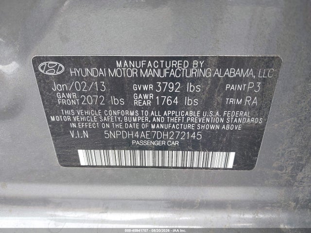Aukcja sprzedaży 2013 Hyundai Elantra Limited, vin: 5NPDH4AE7DH272145, numer aukcji: 45941707