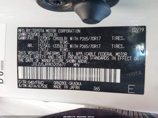 Toyota 4RUNNER SR5 2019 JTEZU5JR9K5205677 Image 9