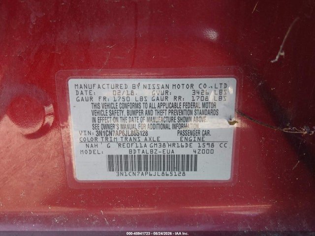 Aukcja sprzedaży 2018 Nissan Versa 1.6 Sv, vin: 3N1CN7AP6JL865128, numer aukcji: 45941723