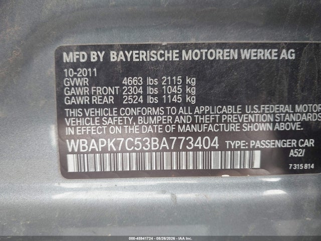 45941724 :رقم المزاد ، WBAPK7C53BA773404 vin ، 2011 Bmw 328i Xdrive مزاد بيع