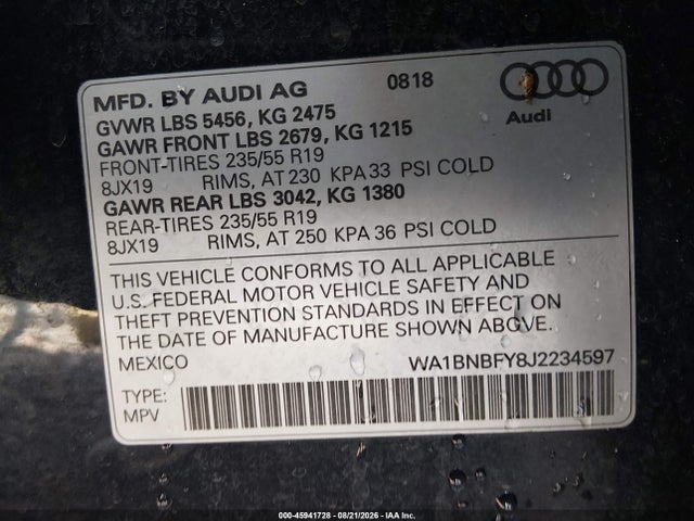Продаж на аукціоні авто 2018 Audi Q5 2.0t Premium/2.0t Tech Premium, vin: WA1BNBFY8J2234597, номер лоту: 45941728
