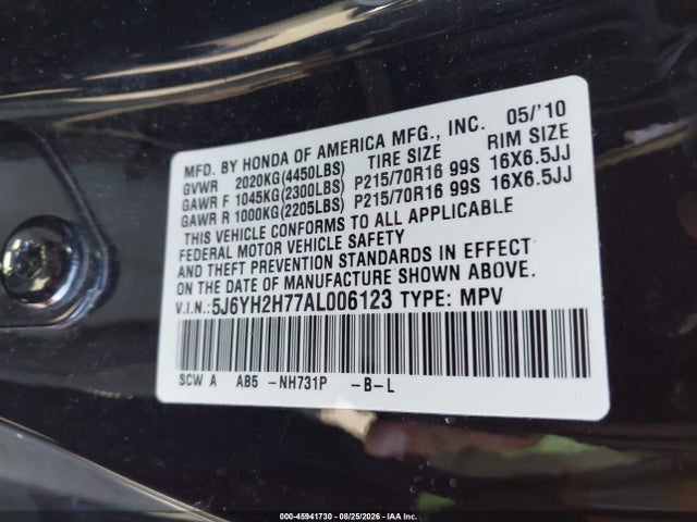 45941730 :رقم المزاد ، 5J6YH2H77AL006123 vin ، 2010 Honda Element Ex مزاد بيع