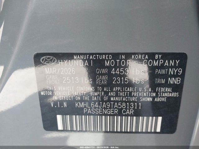 Продажа на аукционе авто 2026 Hyundai Sonata Sel Sport, vin: KMHL64JA9TA581311, номер лота: 45941731