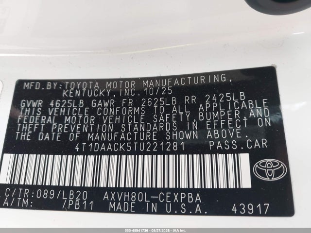 45941736 :رقم المزاد ، 4T1DAACK5TU221281 vin ، 2026 Toyota Camry Xse مزاد بيع