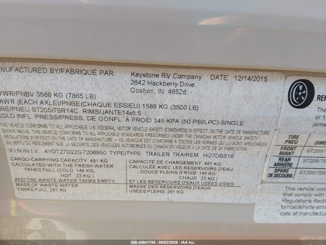 Продаж на аукціоні авто 2016 Keystone Hideout Luxury Serie, vin: 4YDT27D22G7206950, номер лоту: 45941758