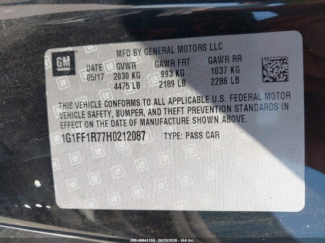 45941759 :رقم المزاد ، 1G1FF1R77H0212087 vin ، 2017 Chevrolet Camaro 1ss مزاد بيع