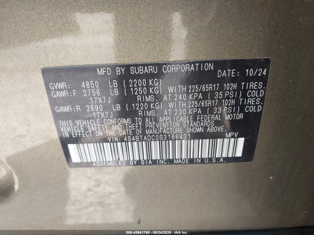 Aukcja sprzedaży 2025 Subaru Outback Premium, vin: 4S4BTADC0S3166431, numer aukcji: 45941768