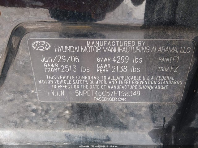 Aukcja sprzedaży 2007 Hyundai Sonata Gls/gls W/xm, vin: 5NPET46C57H198349, numer aukcji: 45941779