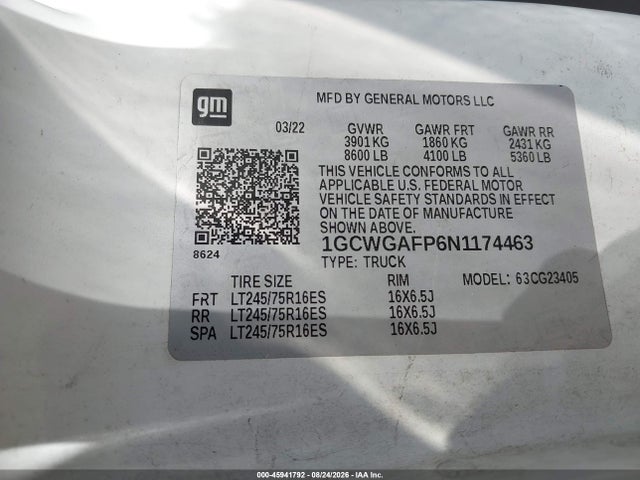 1GCWGAFP6N1174463 Chevrolet Express Cargo Rwd 2500 Regular Wheelbase Wt