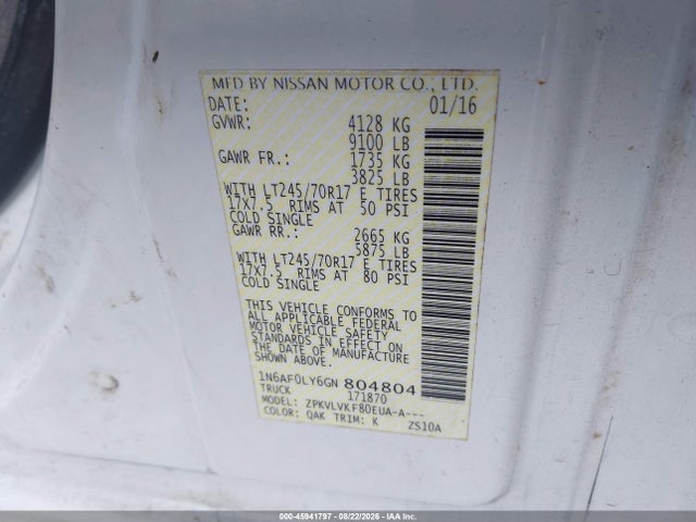 45941797 :رقم المزاد ، 1N6AF0LY6GN804804 vin ، 2016 Nissan Nv Cargo Nv2500 Hd Sl V8 مزاد بيع