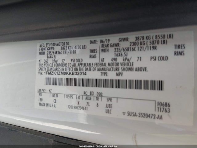 Продажа на аукционе авто 2019 Ford Transit-150 Xl, vin: 1FMZK1ZM0KKB32014, номер лота: 45941802