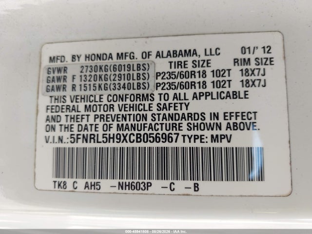 Продаж на аукціоні авто 2012 Honda Odyssey Touring/touring Elite, vin: 5FNRL5H9XCB056967, номер лоту: 45941808