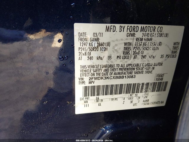 2011 Ford Edge Limited მანქანა იყიდება აუქციონზე, vin: 2FMDK3KCXBBB13083, აუქციონის ნომერი: 45941812