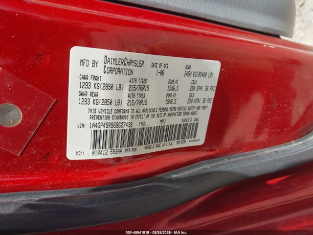 2006 Chrysler Town & Country მანქანა იყიდება აუქციონზე, vin: 1A4GP45R96B627439, აუქციონის ნომერი: 45941819