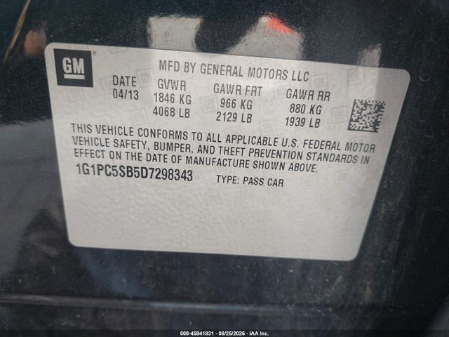 45941831 :رقم المزاد ، 1G1PC5SB5D7298343 vin ، 2013 Chevrolet Cruze 1lt Auto مزاد بيع