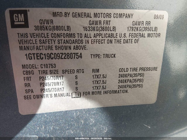 Продаж на аукціоні авто 2009 Gmc Sierra 1500 Sl, vin: 1GTEC19C09Z280754, номер лоту: 45941834