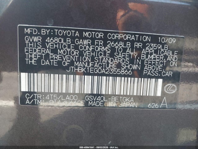 Продажа на аукционе авто 2010 Lexus Es 350, vin: JTHBK1EG0A2355866, номер лота: 45941841