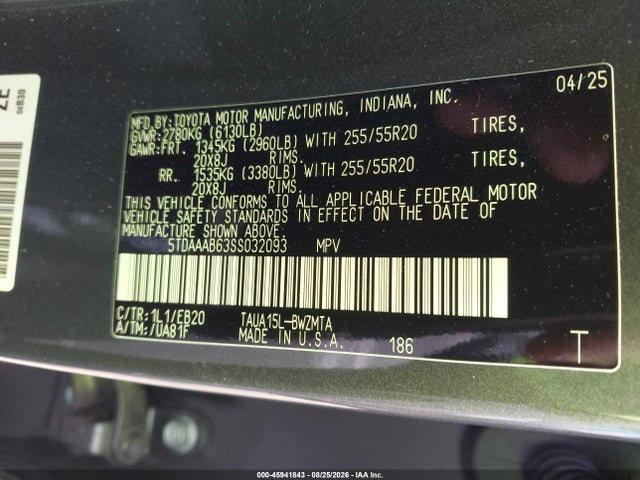 45941843 :رقم المزاد ، 5TDAAAB63SS032093 vin ، 2025 Lexus Tx 350 Premium مزاد بيع