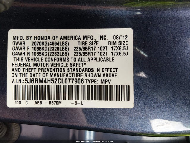 Продажа на аукционе авто 2012 Honda Cr-v Ex, vin: 5J6RM4H52CL077906, номер лота: 45941853