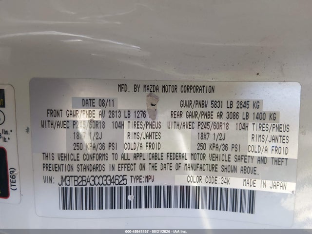 45941857 :رقم المزاد ، JM3TB2BA3C0334625 vin ، 2012 Mazda Cx-9 Sport مزاد بيع