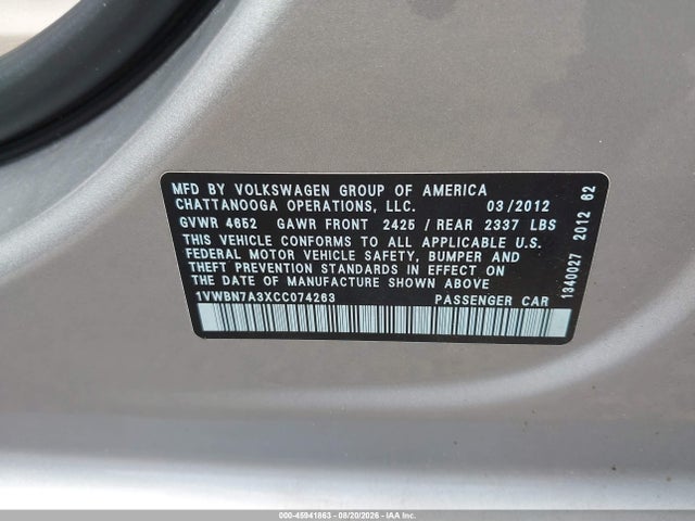 Aukcja sprzedaży 2012 Volkswagen Passat 2.0l Tdi Se, vin: 1VWBN7A3XCC074263, numer aukcji: 45941863