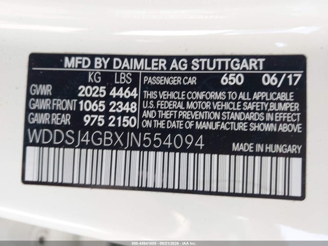 45941888 :رقم المزاد ، WDDSJ4GBXJN554094 vin ، 2018 Mercedes-benz Cla 250 4matic مزاد بيع