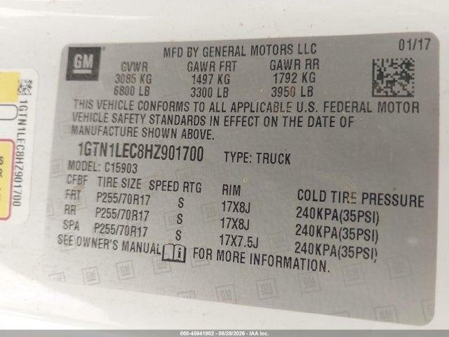 2017 Gmc Sierra 1500 მანქანა იყიდება აუქციონზე, vin: 1GTN1LEC8HZ901700, აუქციონის ნომერი: 45941902