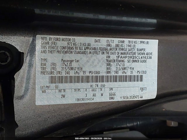 Продажа на аукционе авто 2012 Ford Focus Sel, vin: 1FAHP3M25CL416338, номер лота: 45941903