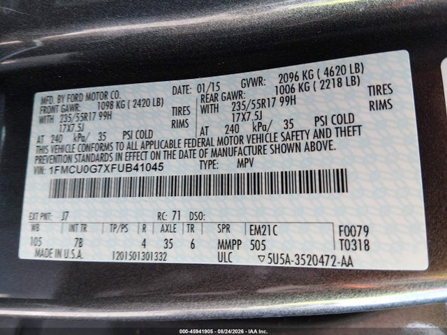 Ford ESCAPE SE 2015 1FMCU0G7XFUB41045 Image 9