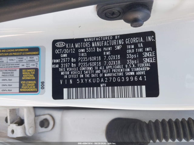 45941914 :رقم المزاد ، 5XYKUDA27DG399641 vin ، 2013 Kia Sorento Ex V6 مزاد بيع