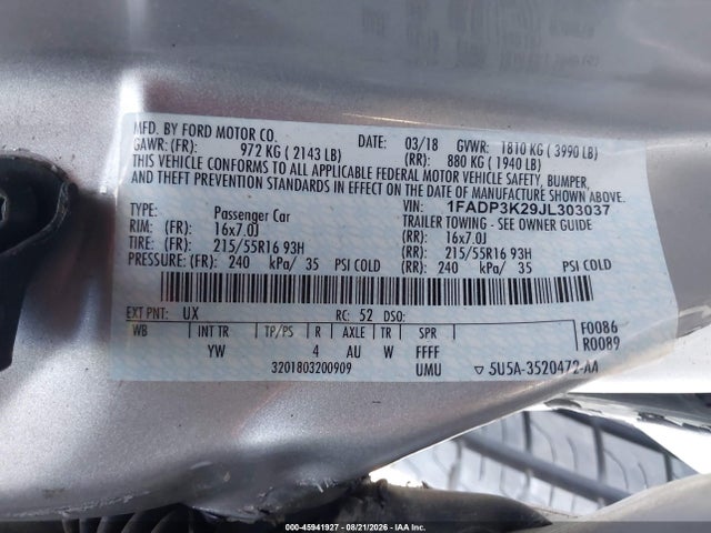 45941927 :رقم المزاد ، 1FADP3K29JL303037 vin ، 2018 Ford Focus Se مزاد بيع