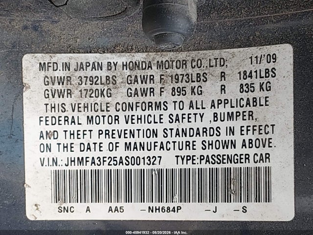 45941932 :رقم المزاد ، JHMFA3F25AS001327 vin ، 2010 Honda Civic Hybrid مزاد بيع