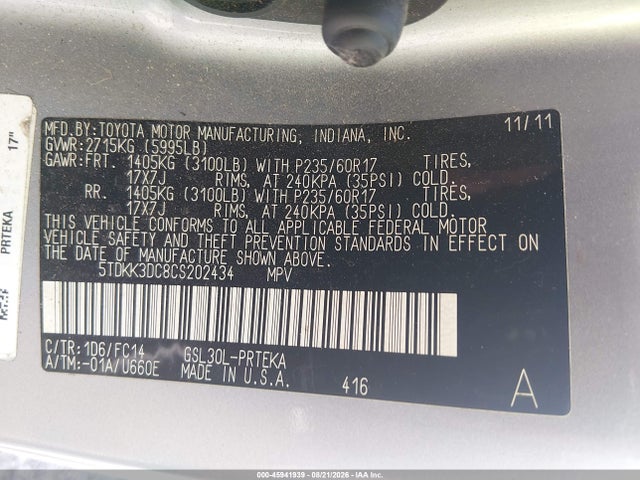 45941939 :رقم المزاد ، 5TDKK3DC8CS202434 vin ، 2012 Toyota Sienna Le V6 8 Passenger مزاد بيع