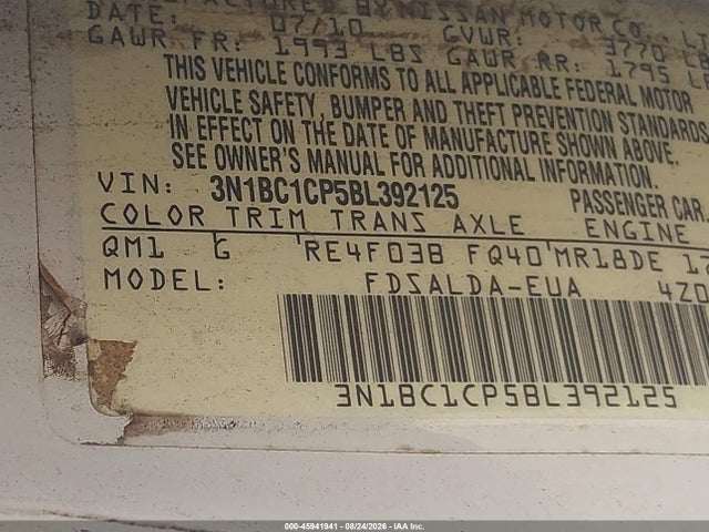 Продажа на аукционе авто 2011 Nissan Versa 1.8s, vin: 3N1BC1CP5BL392125, номер лота: 45941941