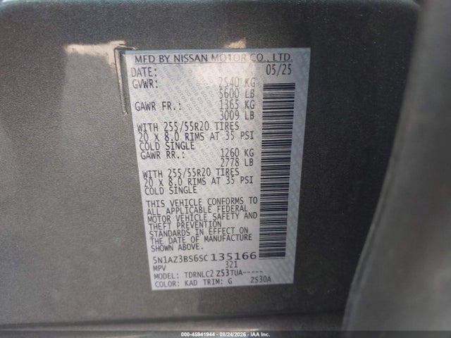 Aukcja sprzedaży 2025 Nissan Murano Sv, vin: 5N1AZ3BS6SC135166, numer aukcji: 45941944