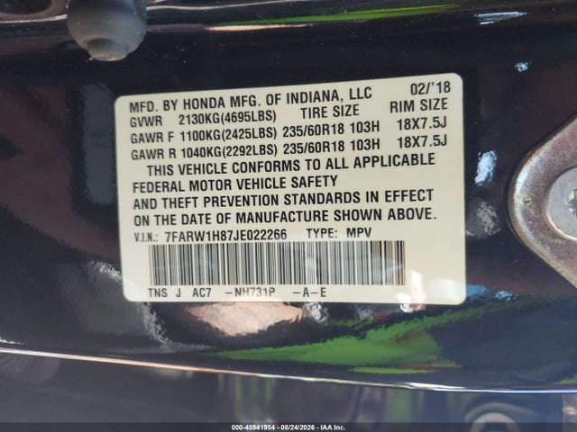 Aukcja sprzedaży 2018 Honda Cr-v Ex-l/ex-l Navi, vin: 7FARW1H87JE022266, numer aukcji: 45941954