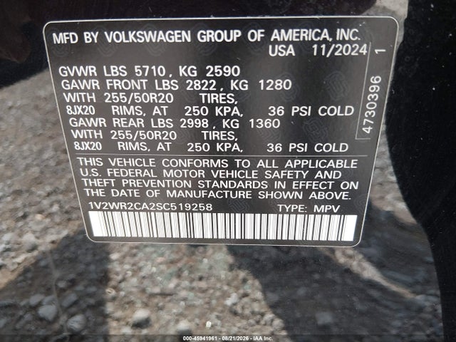 2025 Volkswagen Atlas 2.0t Se W/technology მანქანა იყიდება აუქციონზე, vin: 1V2WR2CA2SC519258, აუქციონის ნომერი: 45941961