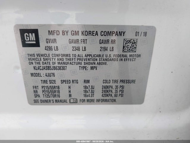 Aukcja sprzedaży 2018 Buick Encore Preferred, vin: KL4CJASB5JB638307, numer aukcji: 45941967