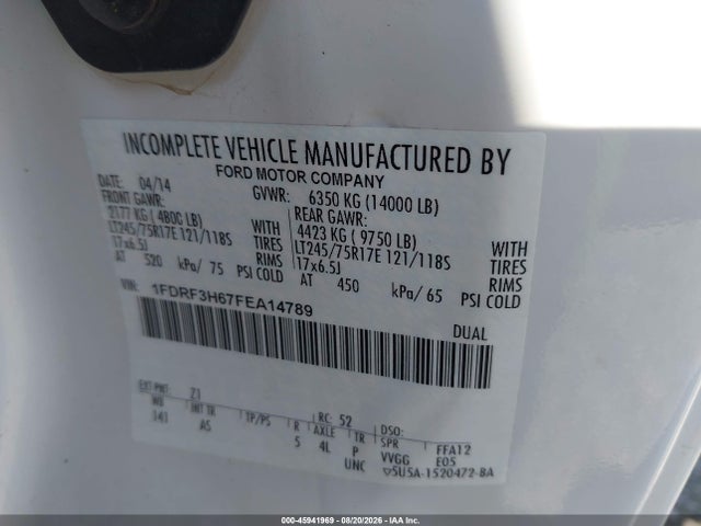 45941969 :رقم المزاد ، 1FDRF3H67FEA14789 vin ، 2015 Ford F-350 Chassis Xl مزاد بيع