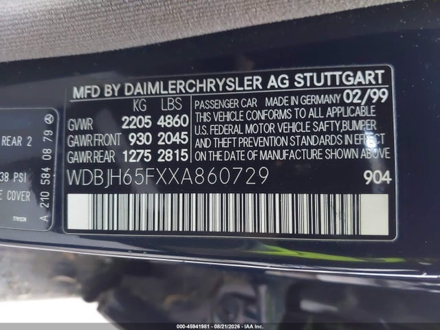 Aukcja sprzedaży 1999 Mercedes-benz E 320, vin: WDBJH65FXXA860729, numer aukcji: 45941981