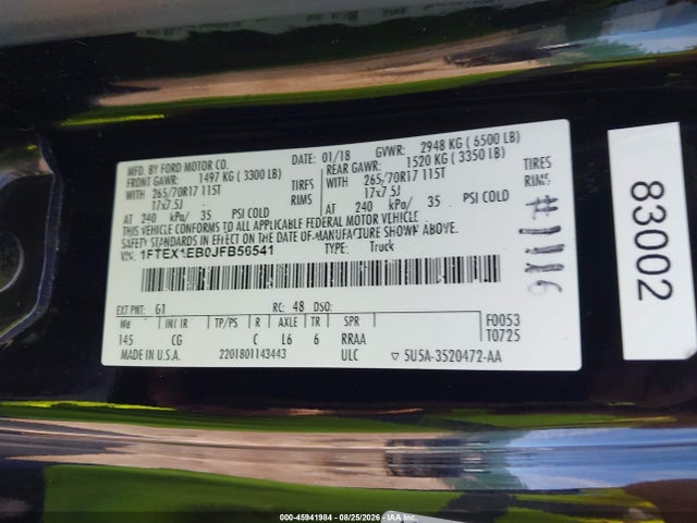 45941984 :رقم المزاد ، 1FTEX1EB0JFB56541 vin ، 2018 Ford F-150 Xl مزاد بيع